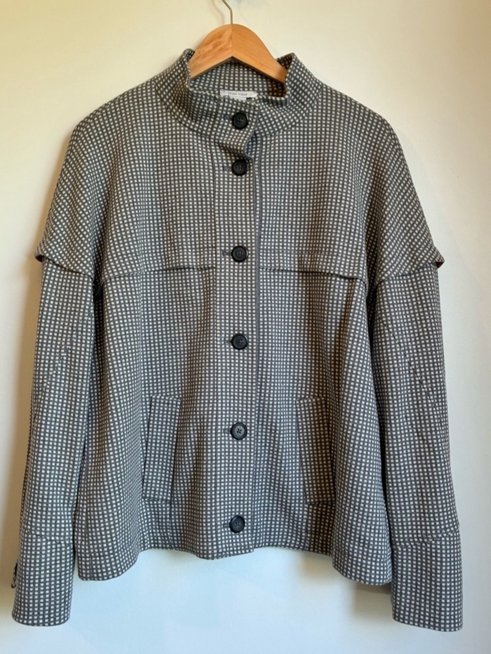 Joan Vass Grid Check Mock Neck Jacket Orange Silk Lining Size 3 L